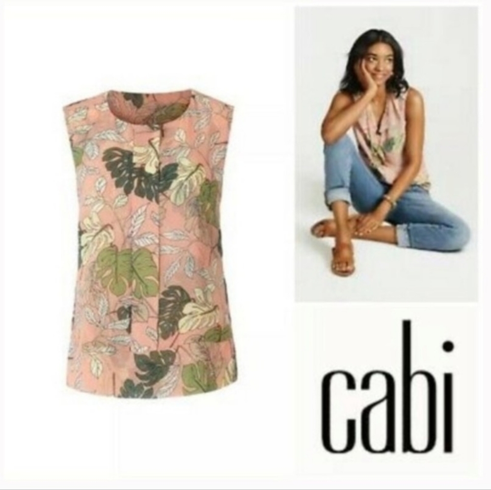 CABI 53511  Melon & Green Tropical Sleeveless Blouse V-Neck Or Snap Up To Round